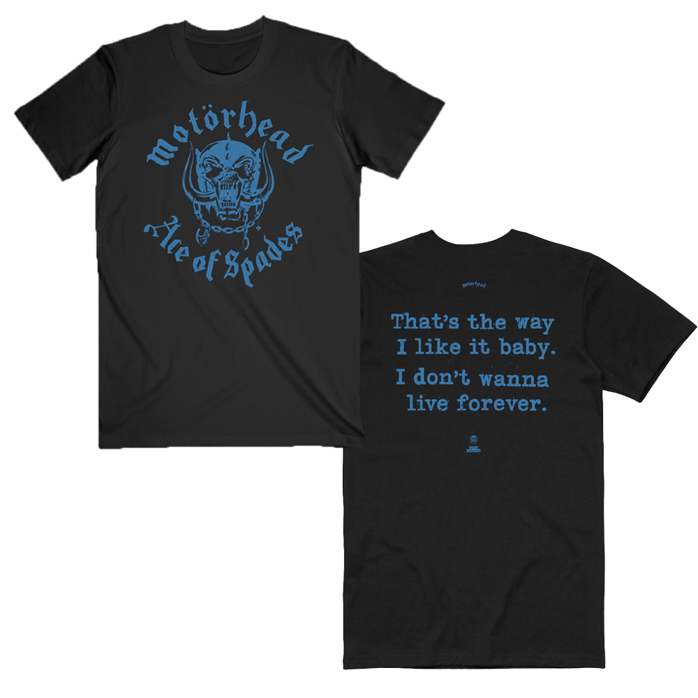 Black tee with blue text